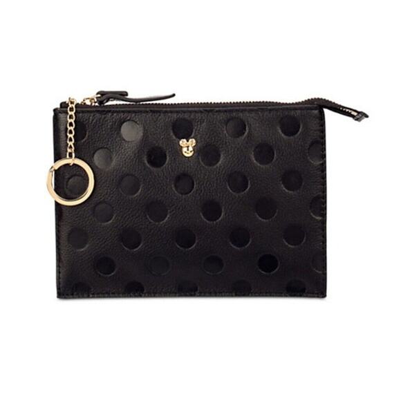 Disney Parks Black Label Leather Minnie Mouse Gold Polka Dot Zip Pouch Keyring - Picture 1 of 7